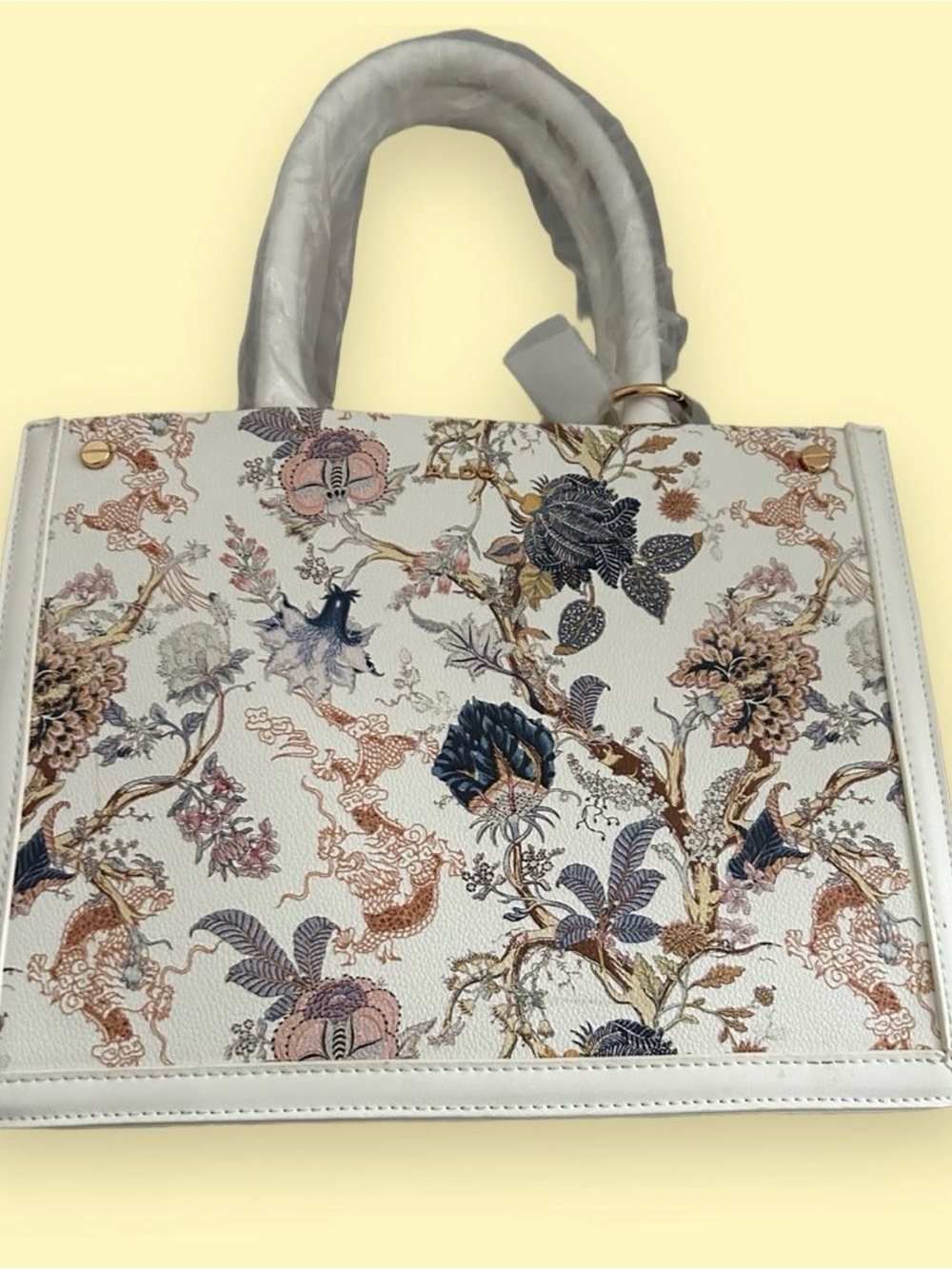 Aldo White Floral-Print Satchel with Navy and Pink Accents